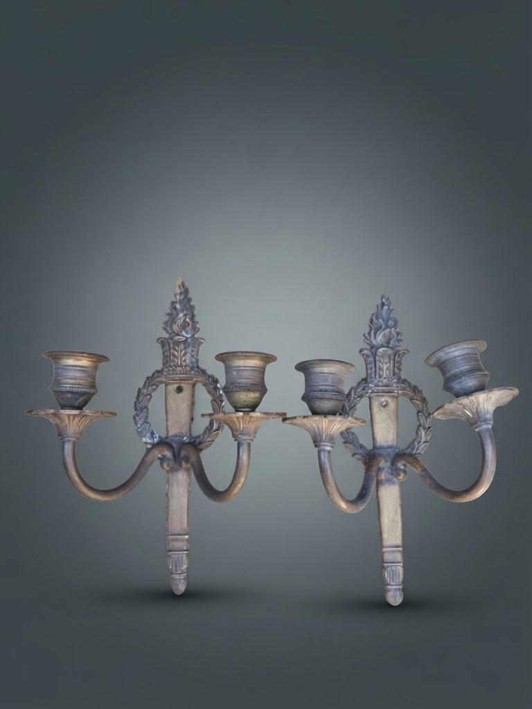 Pair of Louis XVI Style Two-Arm Wall Sconces, Bronze-Tone Patinated Metal with Laurel Wreath and Flame Finial