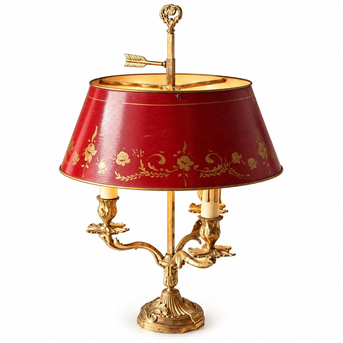 Vintage Bouillotte Style Three-Light Table Lamp, Gilt Metal Rocaille Base with Adjustable Red Painted Tôle Shade and Arrow Thumbscrew