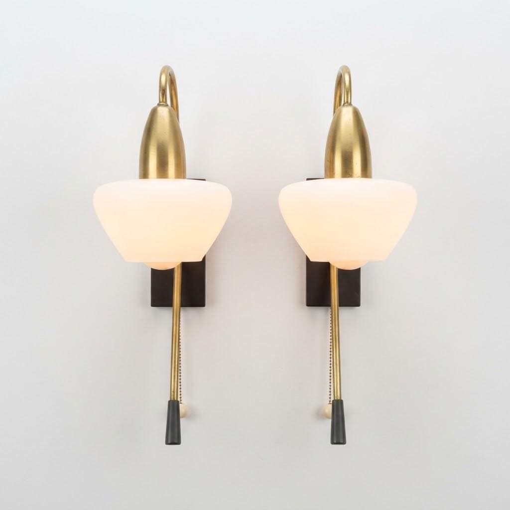 Vintage Pair of Mid-Century Modernist Wall Sconces, Attributed 1950s–60s, Brass Crook Arms with White Satin Glass Shades, Pull-Cord Switches