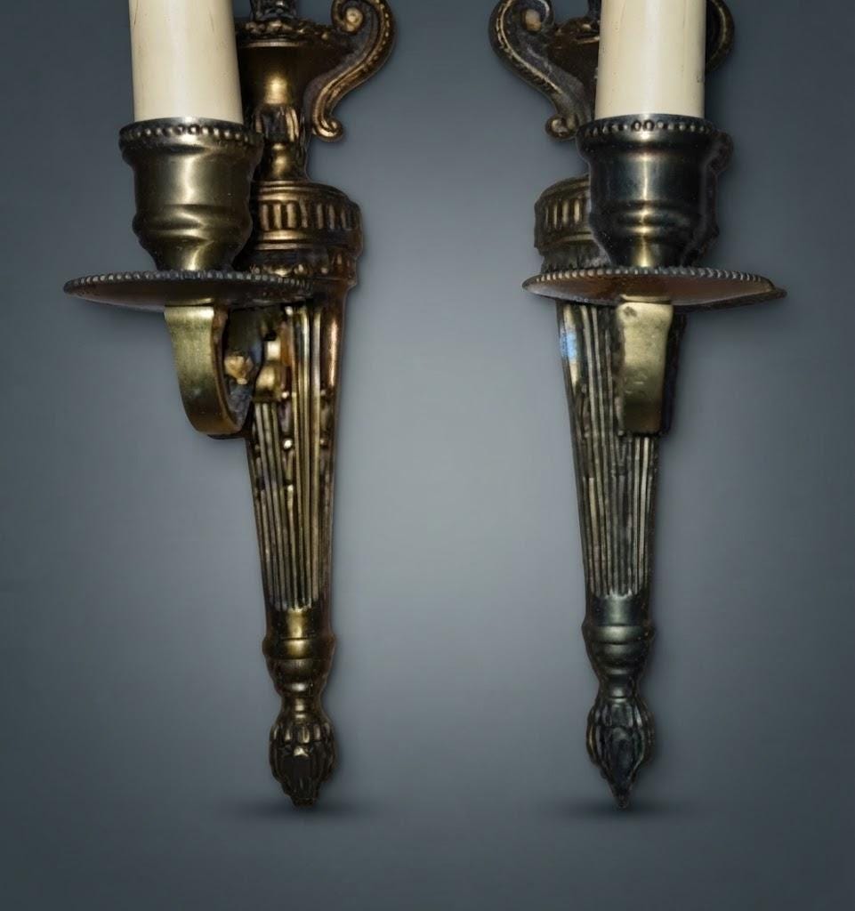 Pair of Louis XVI Style Single-Arm Wall Sconces, Gold-Tone Metal with Fluted Back Plates, Urn Tops and Beaded Drip Pans