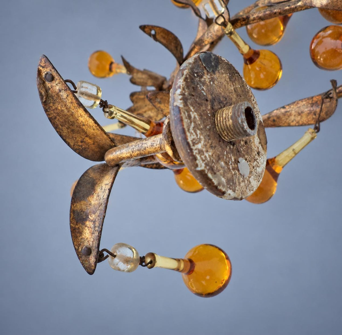 Vintage Pair of Florentine Style Gilt Tôle Candle Sconces with Amber Glass Drops, Leaf Sprays and Two Arms Each, 45 cm