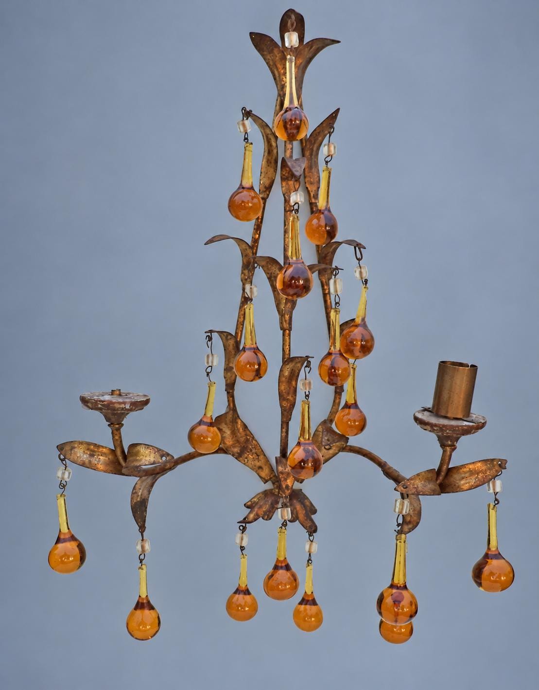 Vintage Pair of Florentine Style Gilt Tôle Candle Sconces with Amber Glass Drops, Leaf Sprays and Two Arms Each, 45 cm