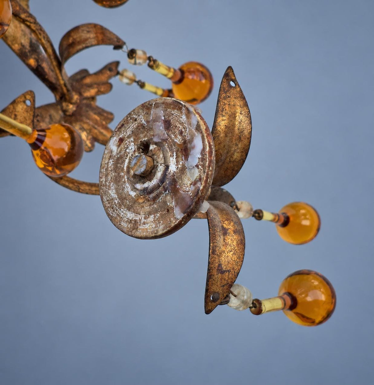 Vintage Pair of Florentine Style Gilt Tôle Candle Sconces with Amber Glass Drops, Leaf Sprays and Two Arms Each, 45 cm