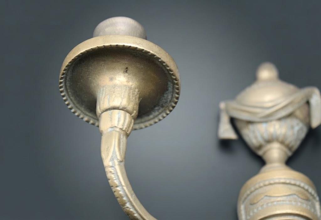 Vintage Pair of Louis XVI Style Two-Arm Wall Sconces, Gold-Tone Metal with Draped Urns, Pierced Fluted Shafts and Acanthus Arms