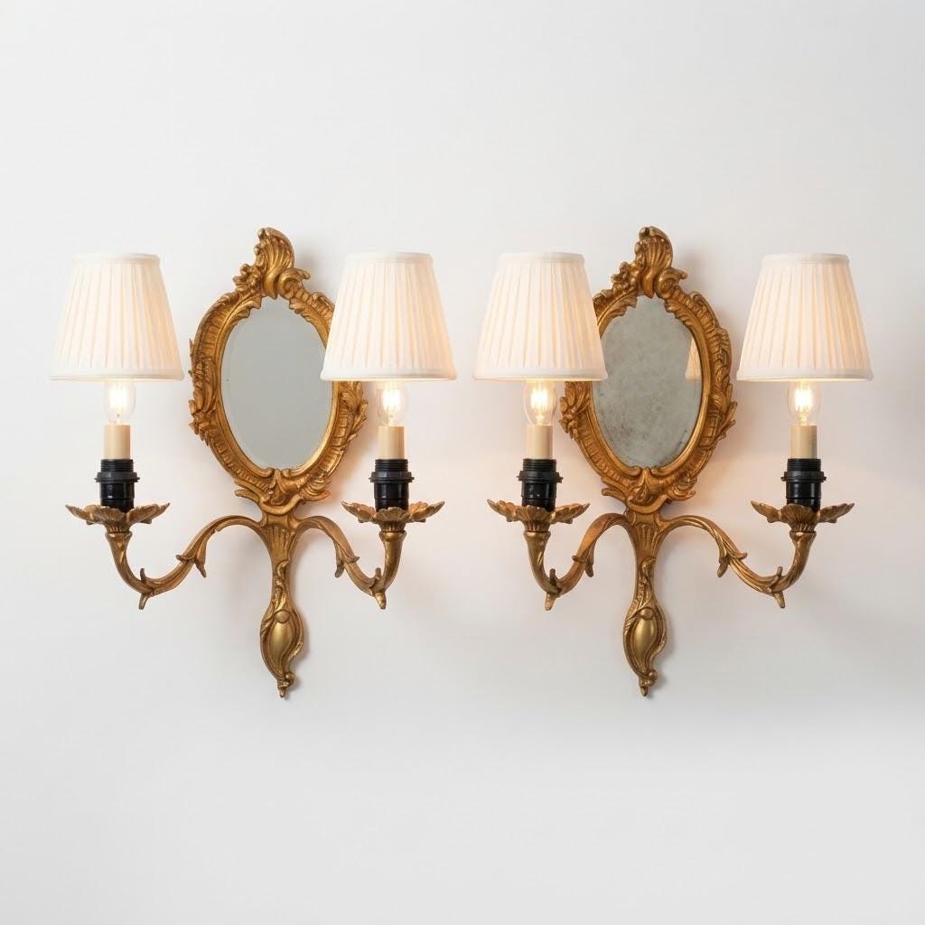 Vintage Pair of Rocaille Style Mirror Wall Sconces, Oval Bevelled Mirrors in Gilt Metal Frames, Leafy Two-Light Arms