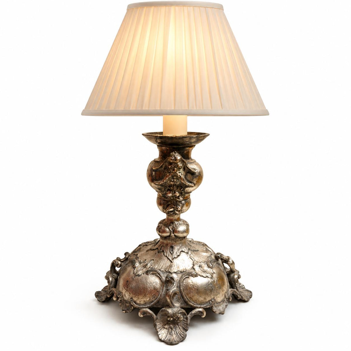 Vintage Rococo Revival Style Candlestick with Bacchic Masks and Fruit Festoons, Silver-Tone Metal on Domed Rocaille Base, 21 cm
