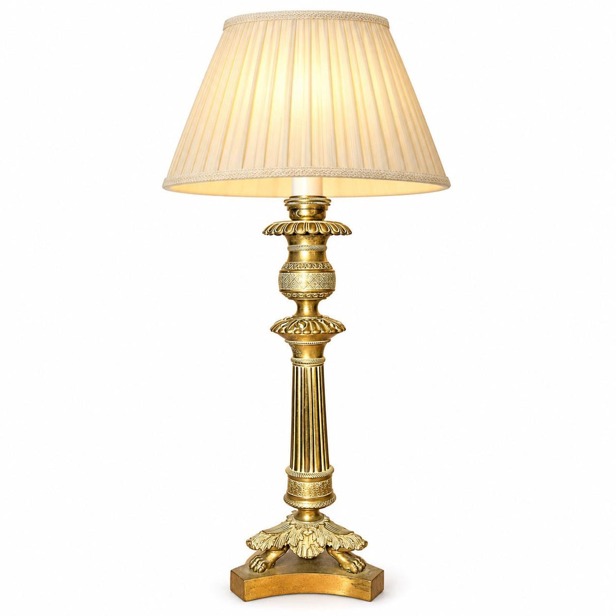 Vintage Restauration Style Candlestick Table Lamp, Gold-Tone Metal Fluted Column on Lion-Paw Tripod Base, 19th Century, Sold Without Shade