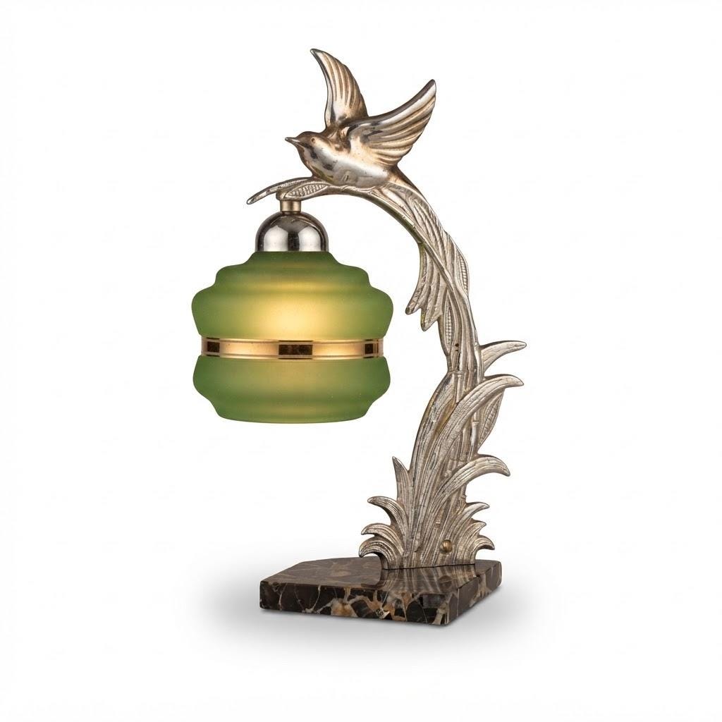 Vintage Art Deco Bird Table Lamp, Attributed c. 1935, Chrome-Finish Metal Bird on Reed Stem with Green Frosted Glass Shade,Black Marble Base