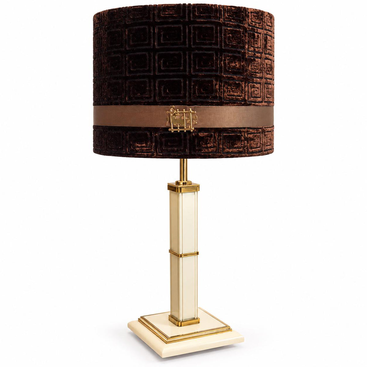 Vintage Hollywood Regency Style Column Table Lamp, Ivory Lacquered Finish with Gold-Tone Trim, Brown Greek Key Velvet Drum Shade
