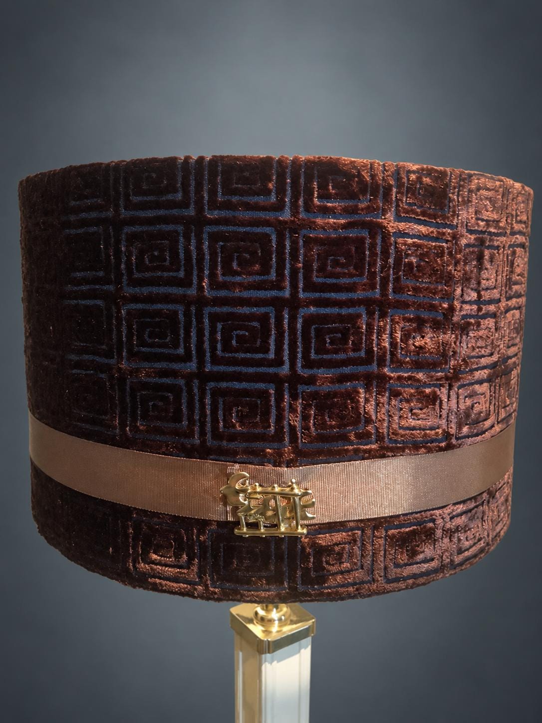 Vintage Hollywood Regency Style Column Table Lamp, Ivory Lacquered Finish with Gold-Tone Trim, Brown Greek Key Velvet Drum Shade