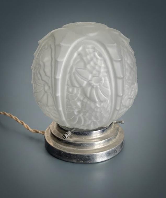 Vintage Art Deco Night Light, Frosted Pressed Glass Globe with Floral Relief on Stepped Chrome-Tone Base