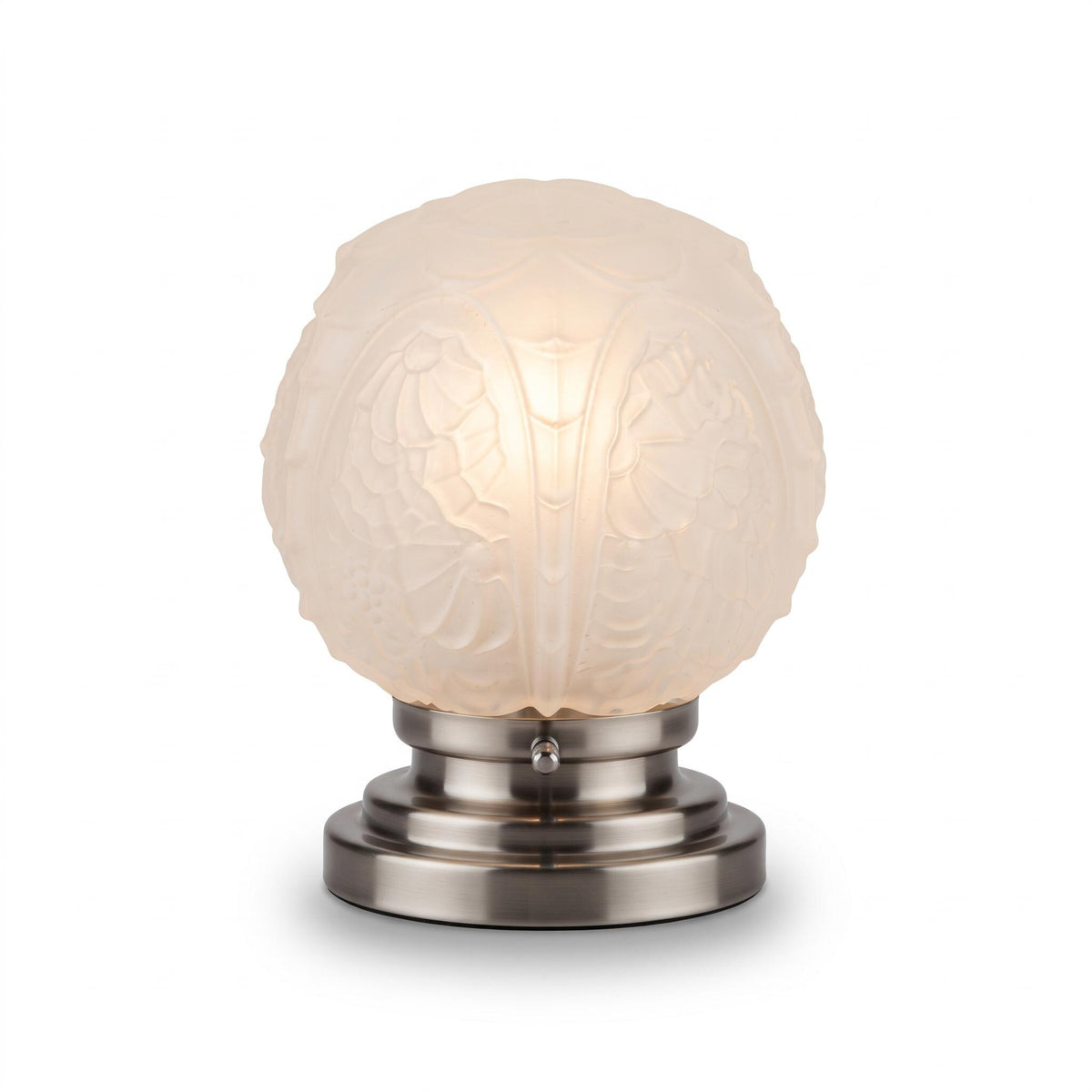 Vintage Art Deco Night Light, Frosted Pressed Glass Globe with Floral Relief on Stepped Chrome-Tone Base
