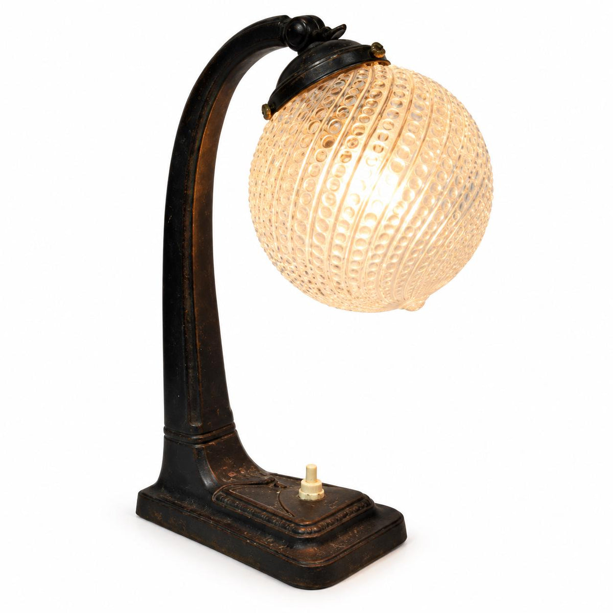 Vintage Art Deco Desk Lamp, Arched Patinated Metal Arm on Stepped Base with Clear Patterned Glass Globe