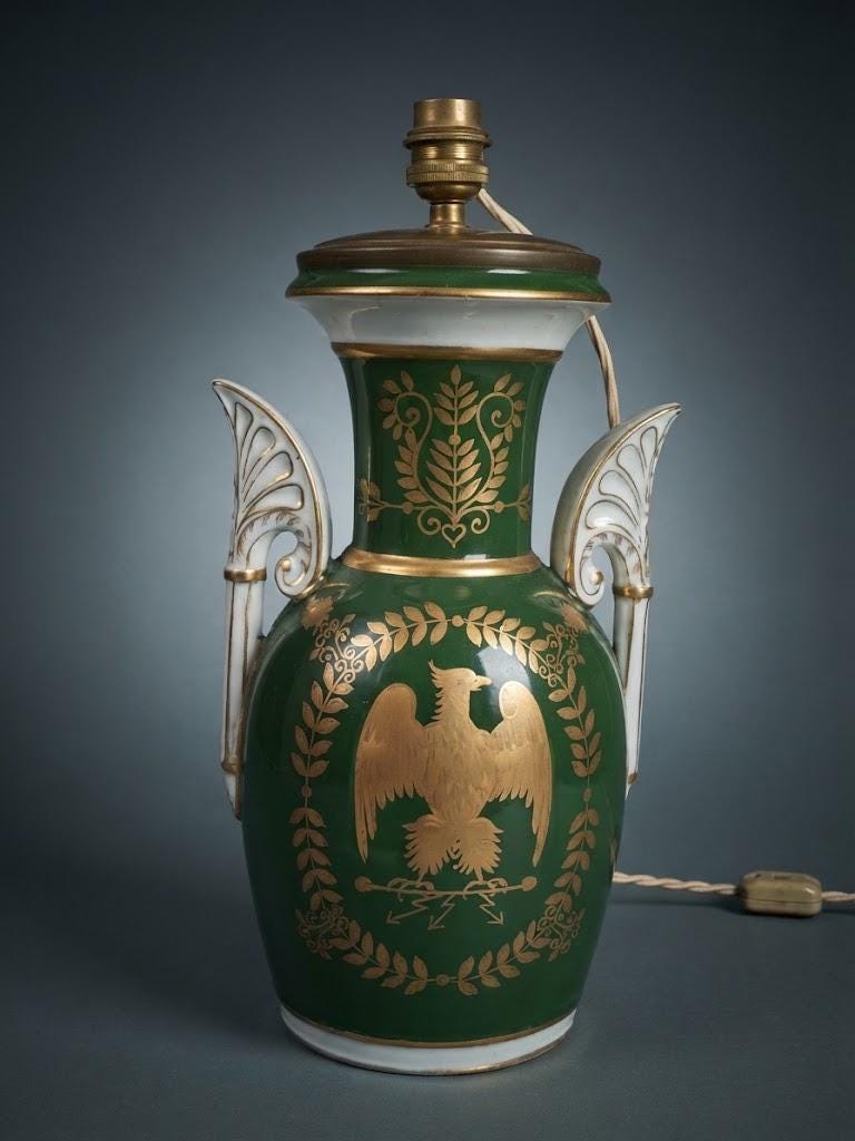 Vintage Empire Style Emerald Green Ceramic Urn Lamp Base with Gilt Eagle, Laurel Wreath and Palmette Handles