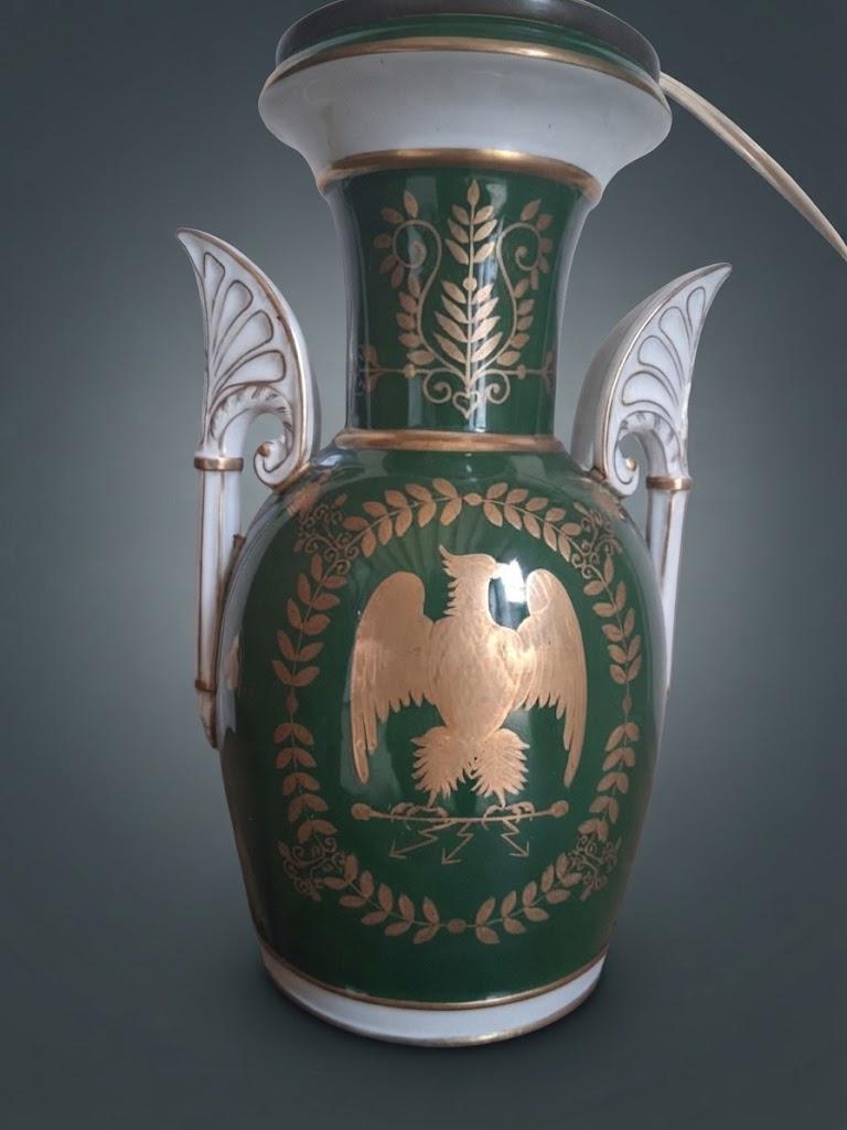Vintage Empire Style Emerald Green Ceramic Urn Lamp Base with Gilt Eagle, Laurel Wreath and Palmette Handles