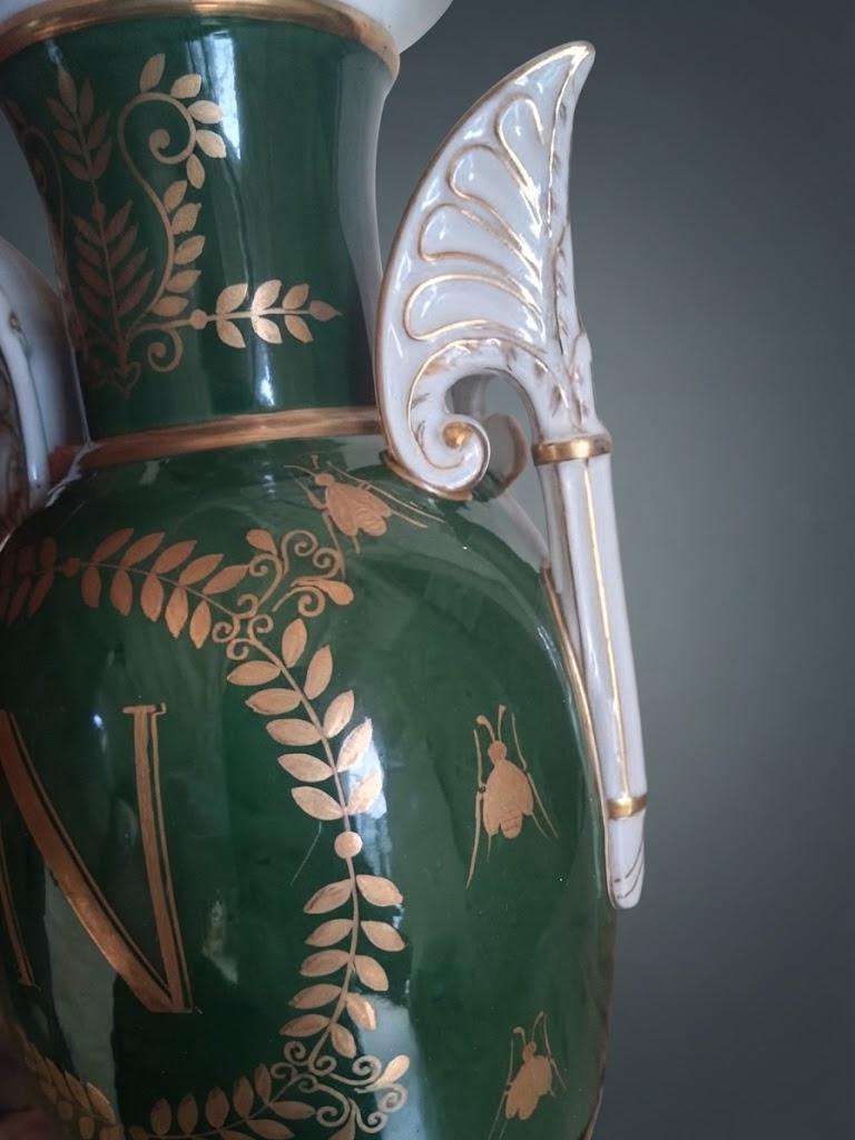 Vintage Empire Style Emerald Green Ceramic Urn Lamp Base with Gilt Eagle, Laurel Wreath and Palmette Handles