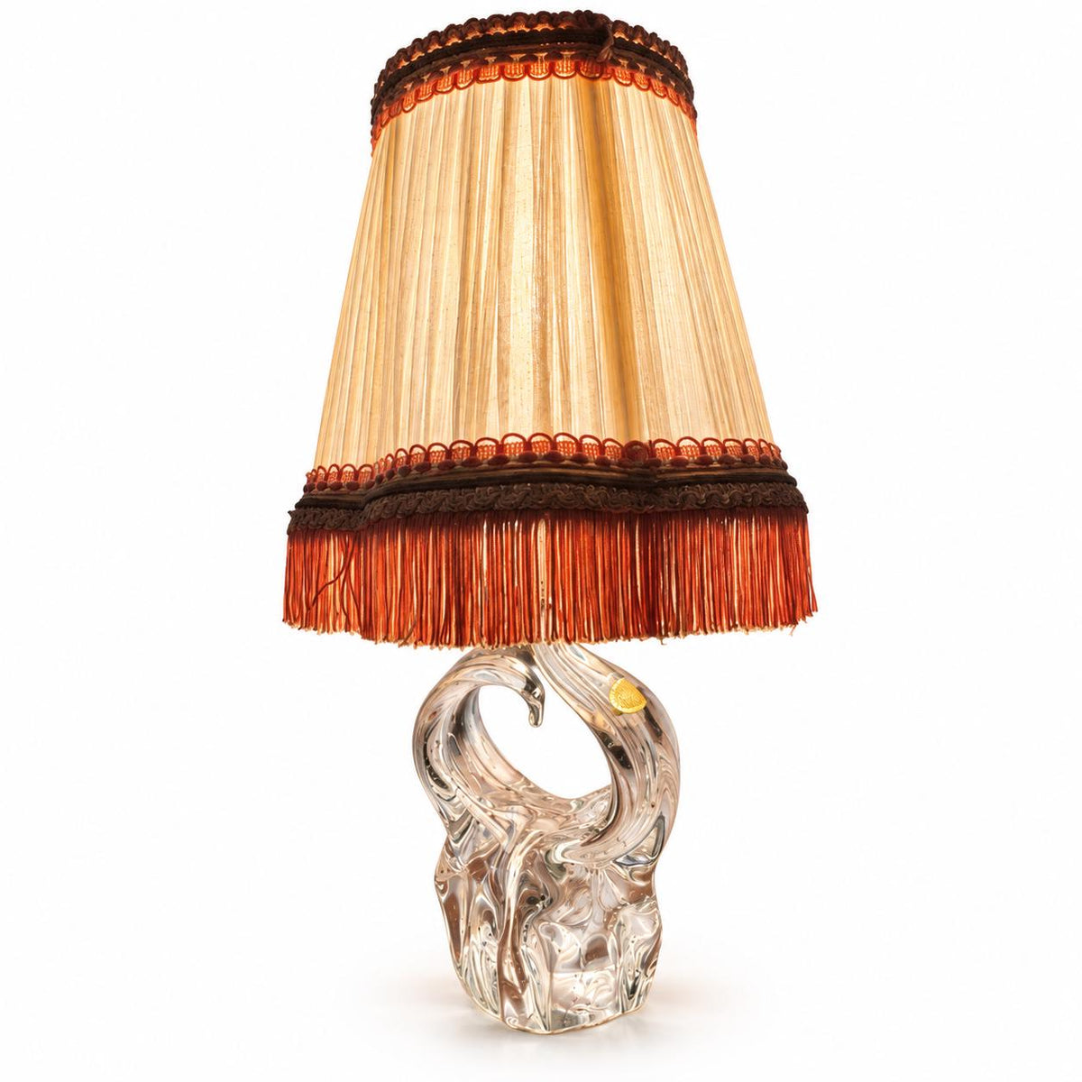 Vintage Mid-Century Clear Glass Table Lamp, Sculptural Twin-Loop Base, Pleated Shade with Fringe