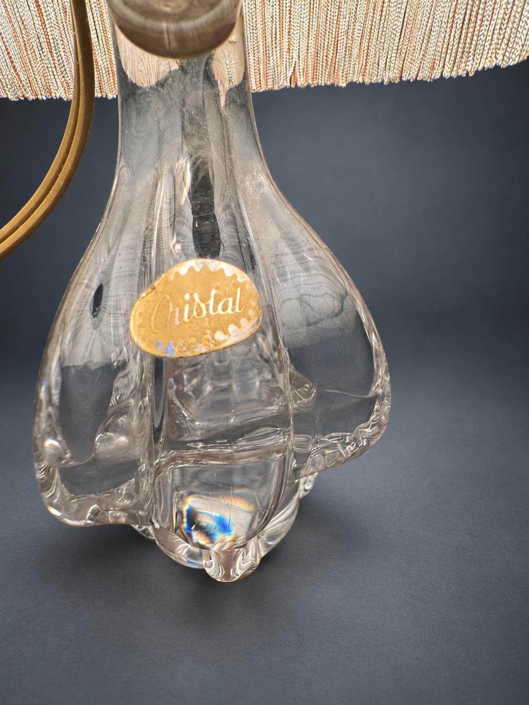 Vintage Mid-Century Clear Glass Table Lamp, Sculptural Twin-Loop Base, Pleated Shade with Fringe