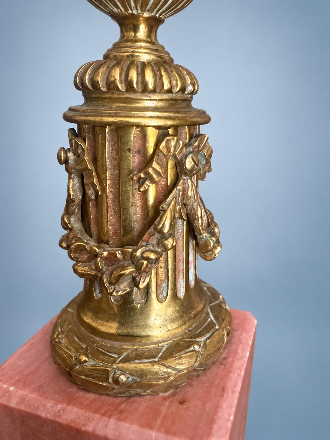Antique Pair of Louis XVI Style Small Gilt Metal Candlesticks on Pink Veined Stone Plinths, Fluted Columns with Festoons