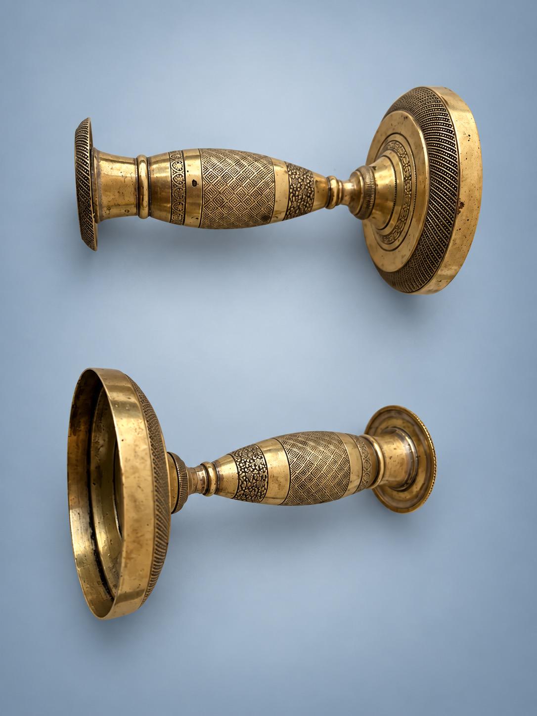 Antique Pair of Restauration Style Small "Ragot" Candlesticks, Brass-Tone Metal with Chased Diaper Pattern, Early 19th Century