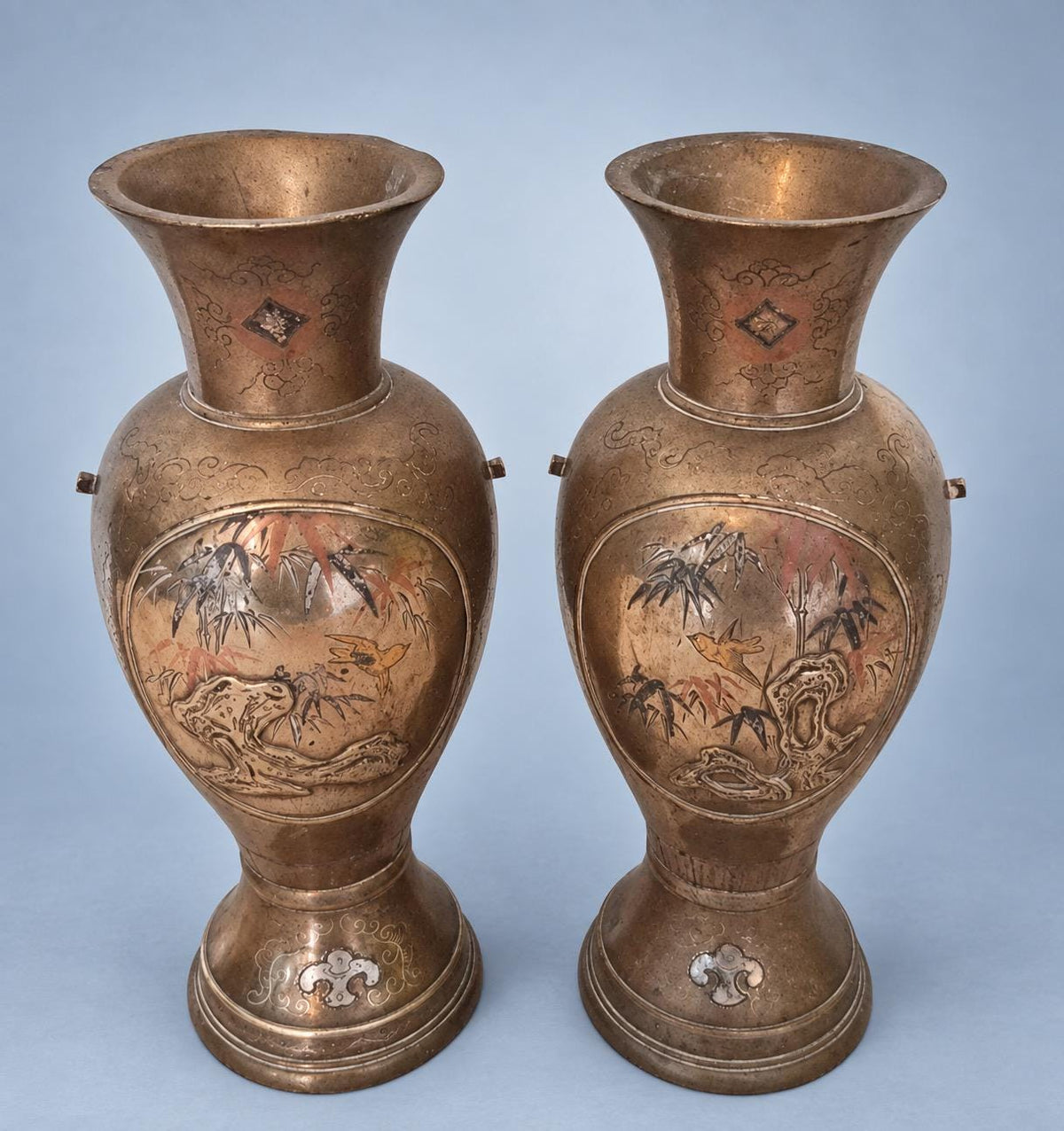 Antique Pair of Meiji Style Mixed-Metal Vases, Bird, Bamboo and Rock Panels in Copper, Gold and Silver Tones