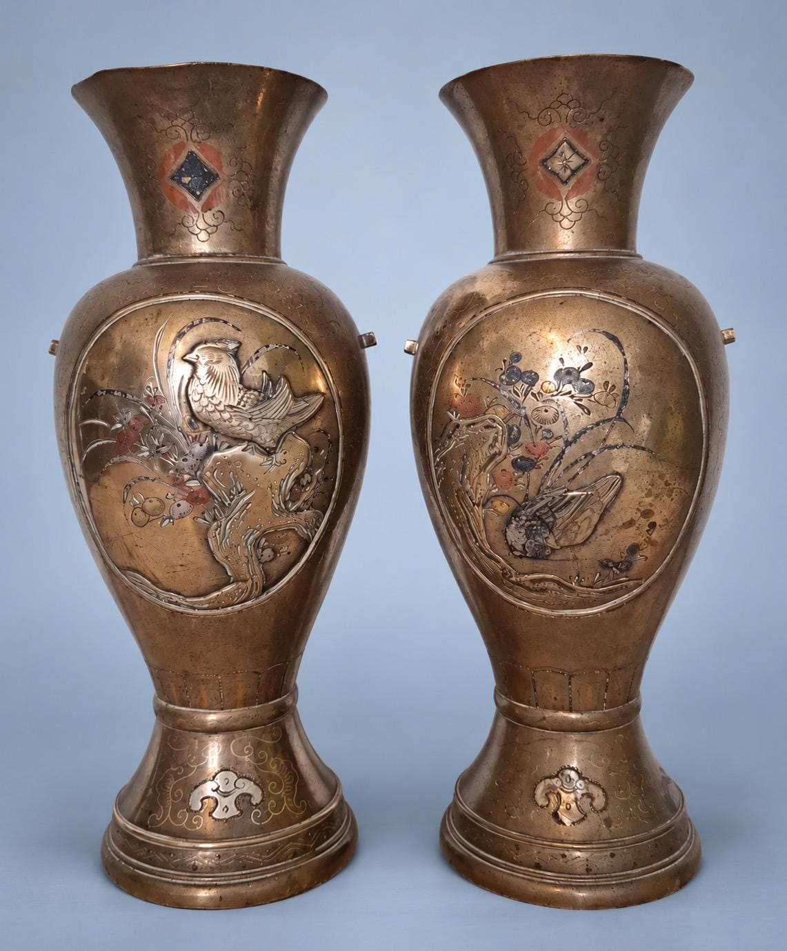 Antique Pair of Meiji Style Mixed-Metal Vases, Bird, Bamboo and Rock Panels in Copper, Gold and Silver Tones