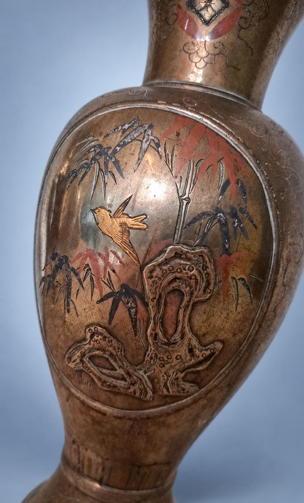 Antique Pair of Meiji Style Mixed-Metal Vases, Bird, Bamboo and Rock Panels in Copper, Gold and Silver Tones