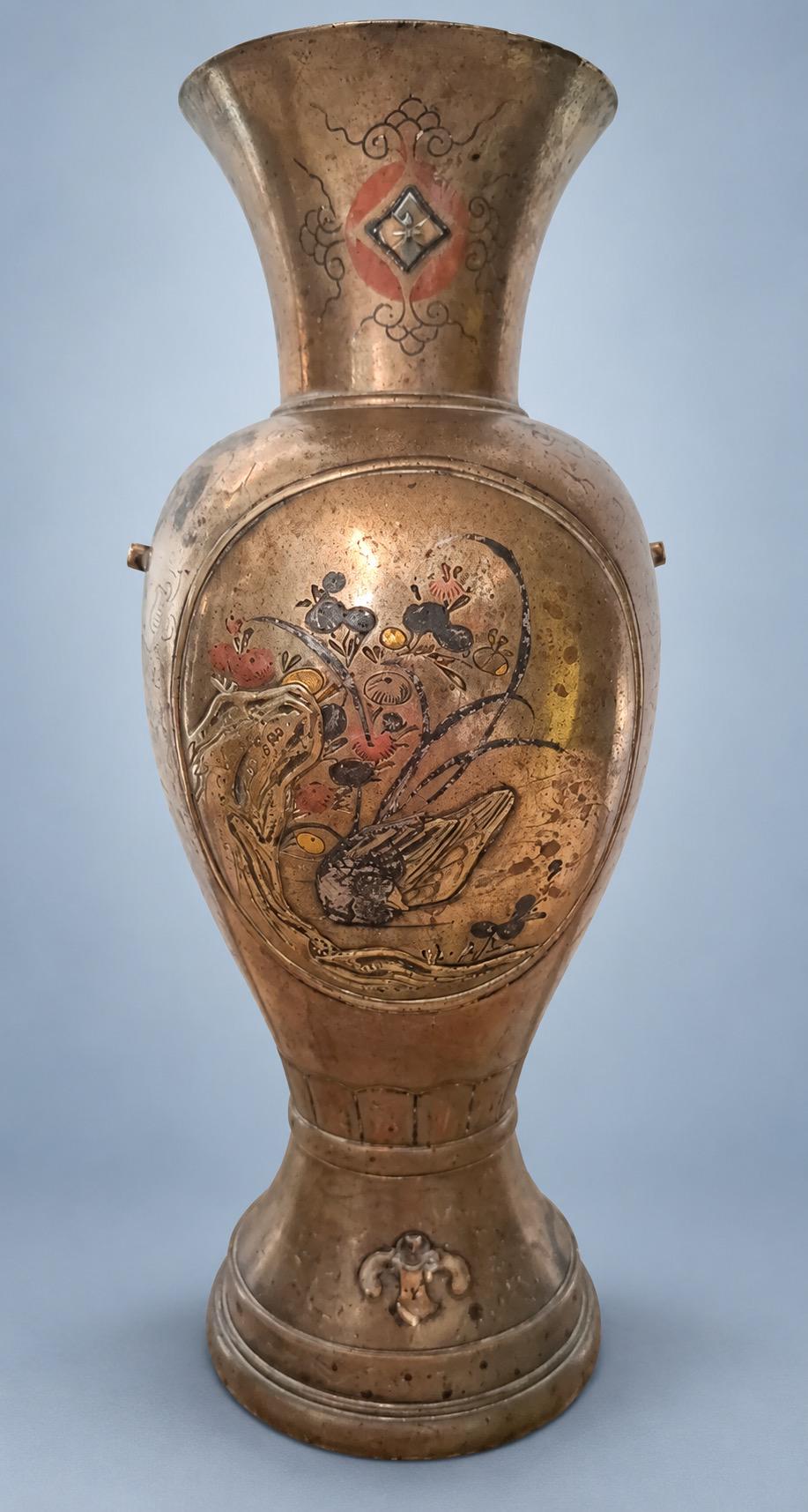Antique Pair of Meiji Style Mixed-Metal Vases, Bird, Bamboo and Rock Panels in Copper, Gold and Silver Tones