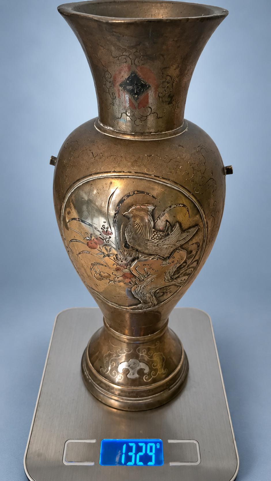 Antique Pair of Meiji Style Mixed-Metal Vases, Bird, Bamboo and Rock Panels in Copper, Gold and Silver Tones