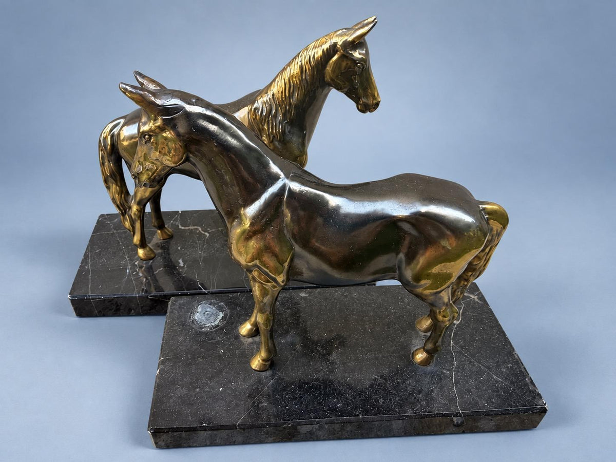 Vintage Pair of Standing Horse Bookends, Bronze-Tone Metal on Black Veined Marble Bases