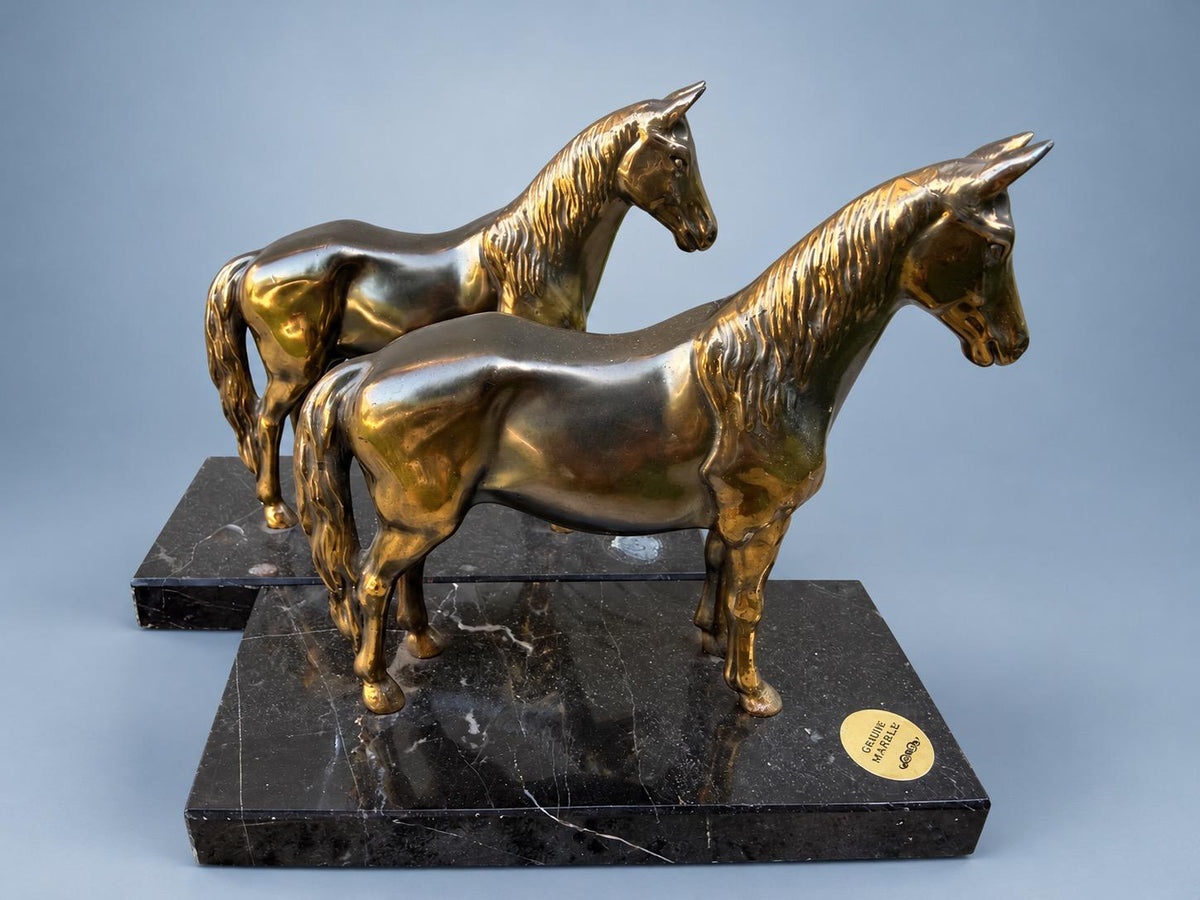 Vintage Pair of Standing Horse Bookends, Bronze-Tone Metal on Black Veined Marble Bases