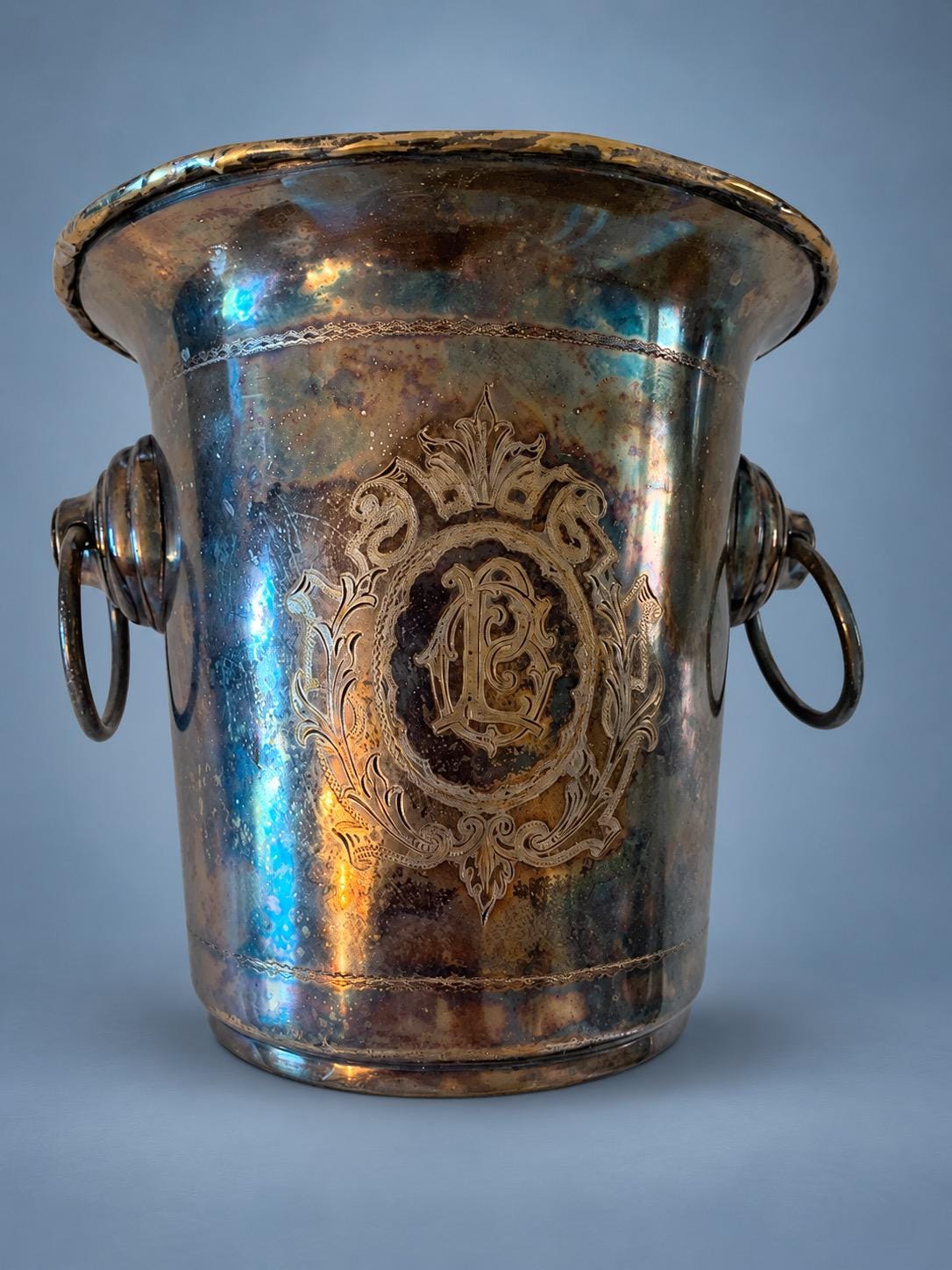 Vintage Silver-Tone Champagne Bucket with Engraved Scroll Cartouche and Ring Handles, Early 20th Century