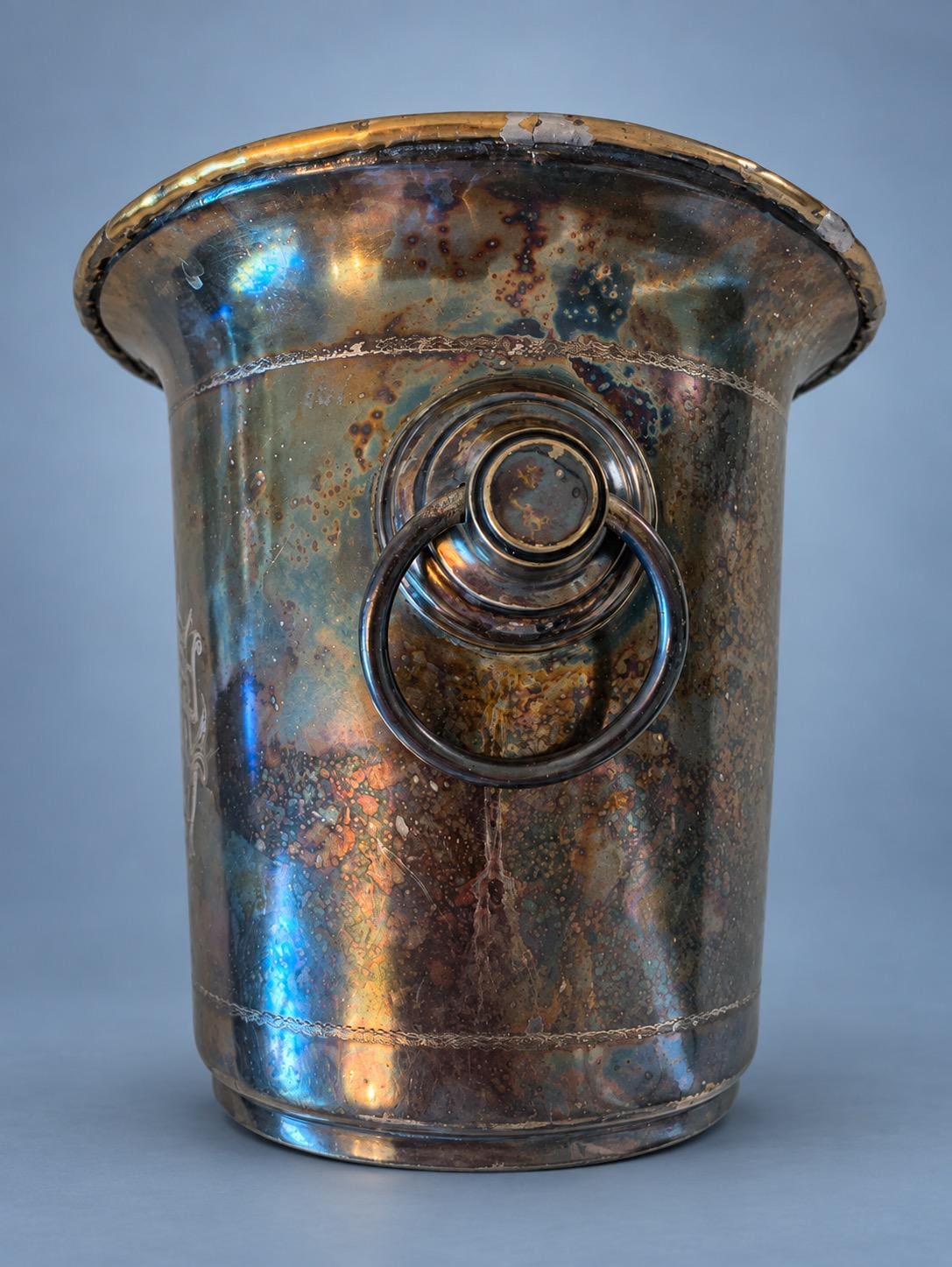 Vintage Silver-Tone Champagne Bucket with Engraved Scroll Cartouche and Ring Handles, Early 20th Century