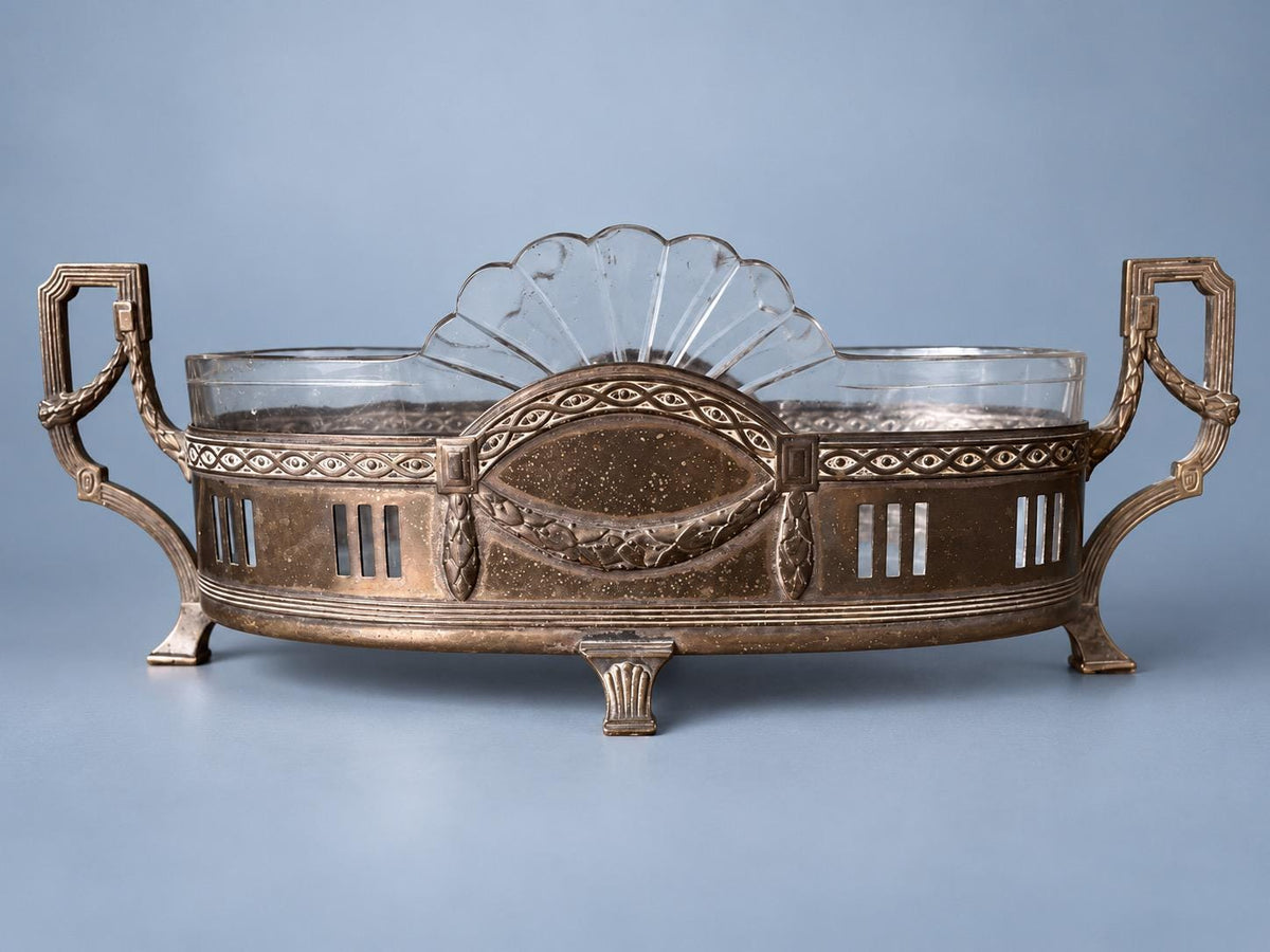 Vintage Neoclassical Style Silver-Tone Oval Jardinière Centrepiece with Laurel Cartouche, Pierced Sides and Fan-Shaped Cut Glass Liner