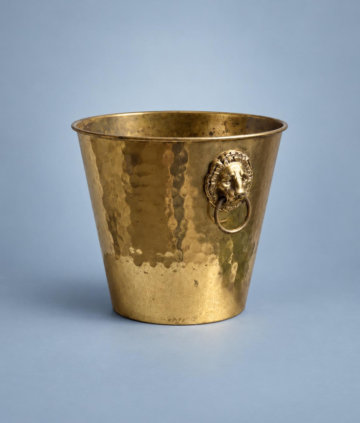 Vintage Hammered Brass-Tone Champagne Bucket with Lion Mask Ring Handles, Hollywood Regency Style