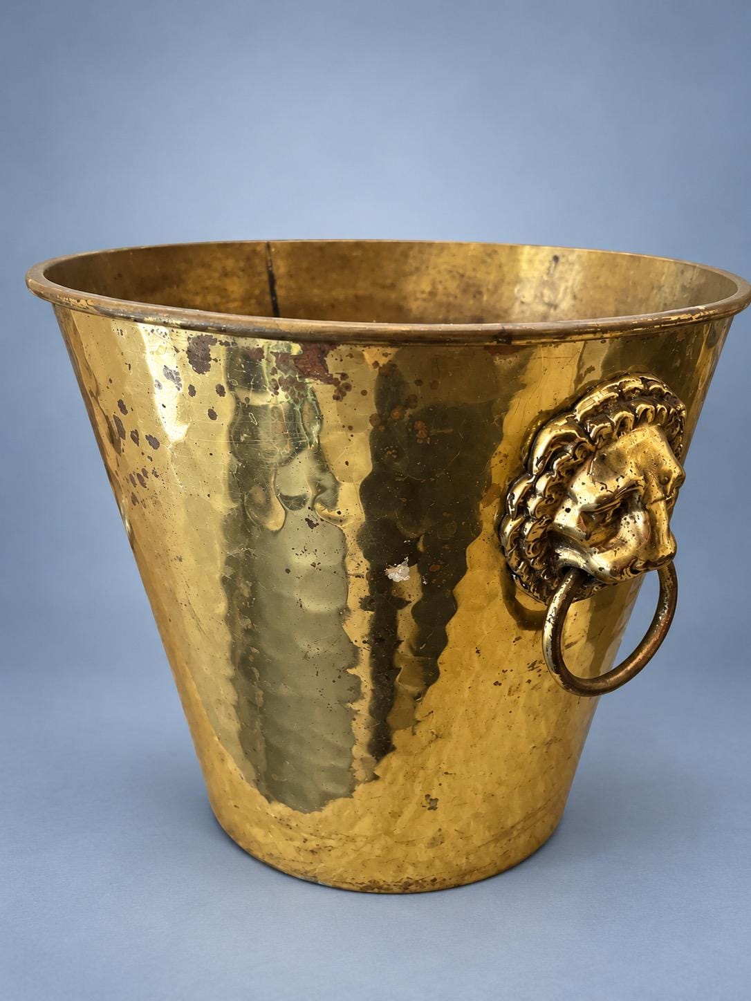Vintage Hammered Brass-Tone Champagne Bucket with Lion Mask Ring Handles, Hollywood Regency Style