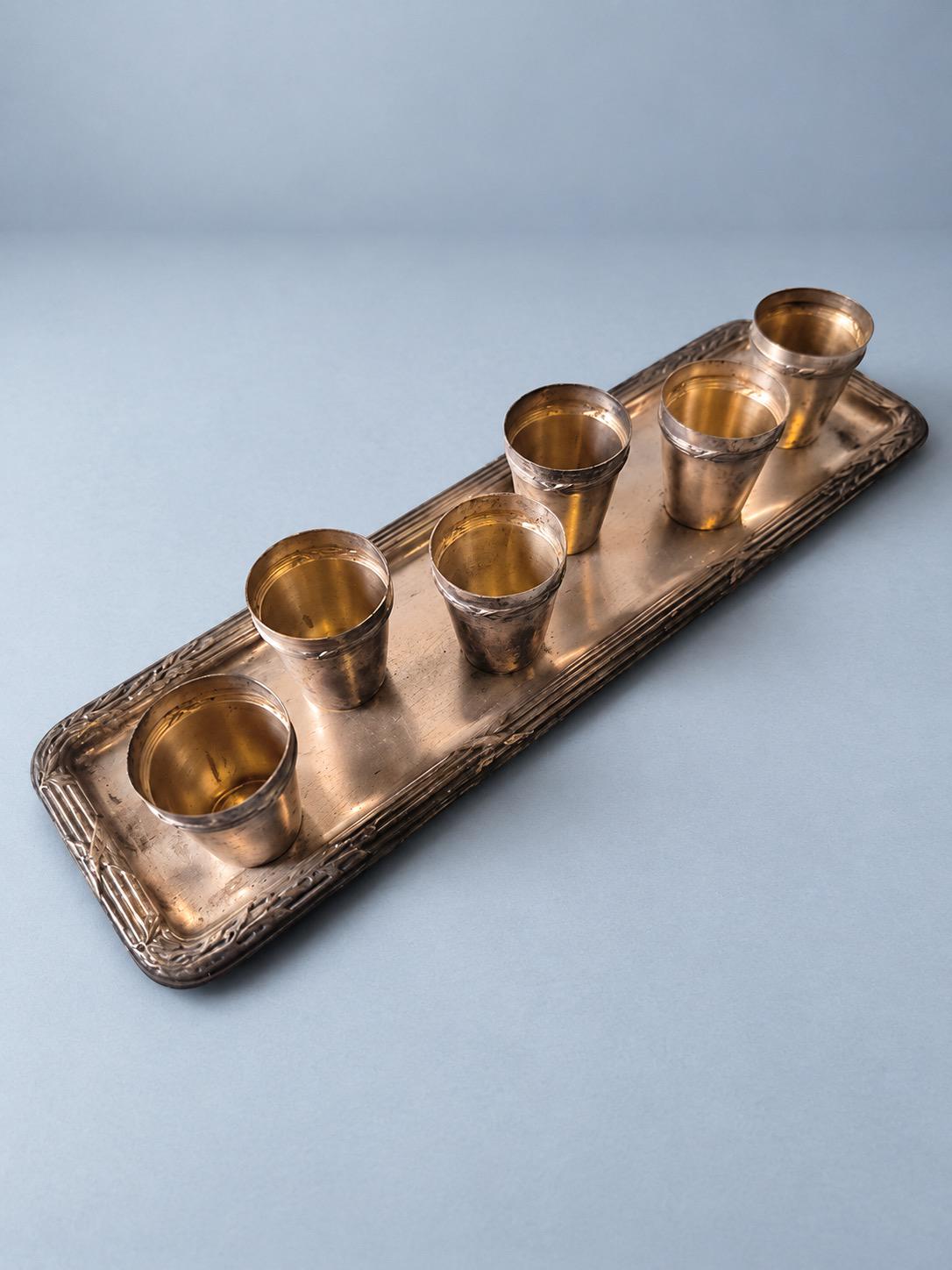 Vintage Silver-Tone Liqueur Set, Rectangular Tray with Reeded Border and Six Small Beakers with Laurel Bands