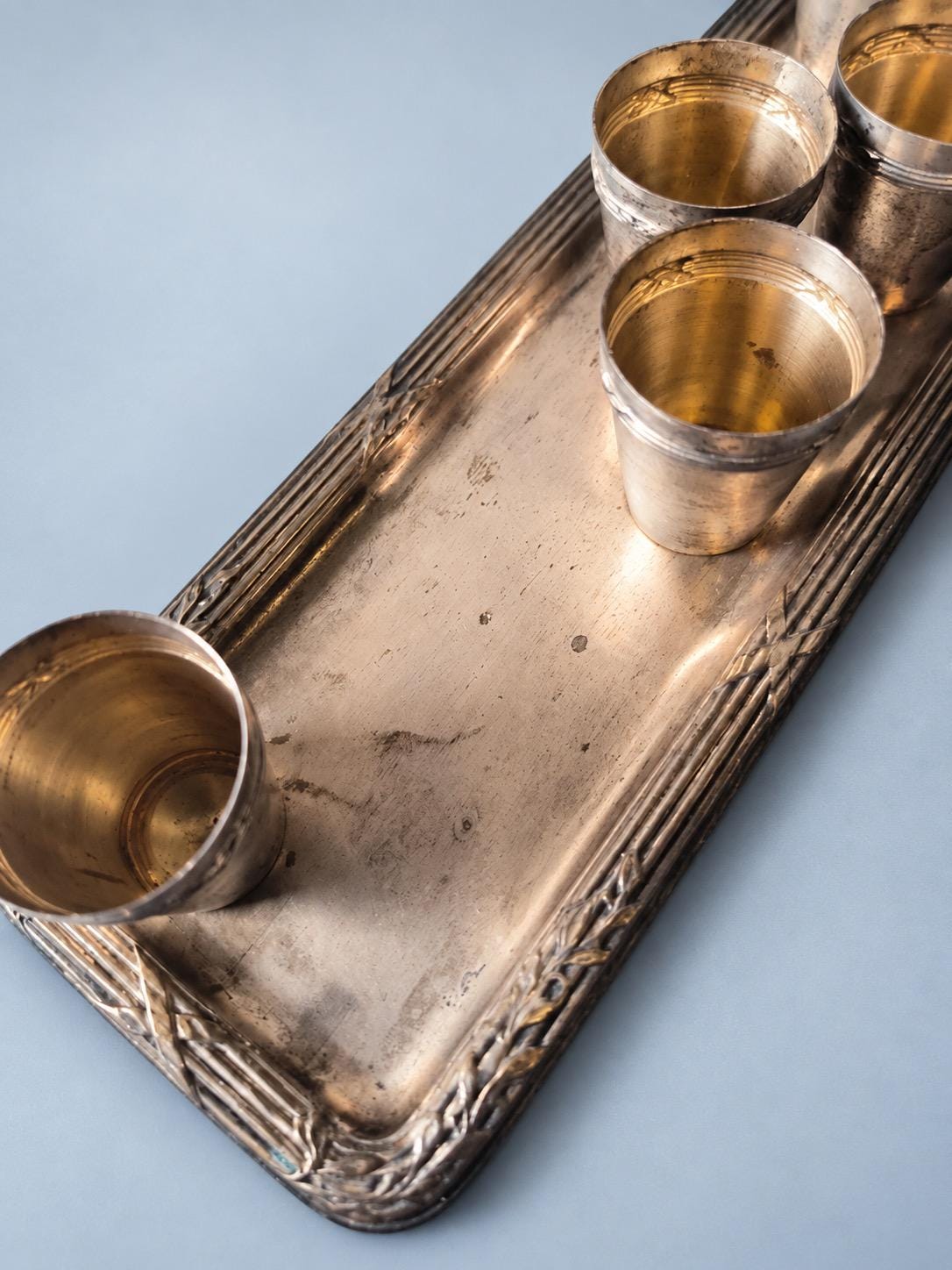 Vintage Silver-Tone Liqueur Set, Rectangular Tray with Reeded Border and Six Small Beakers with Laurel Bands