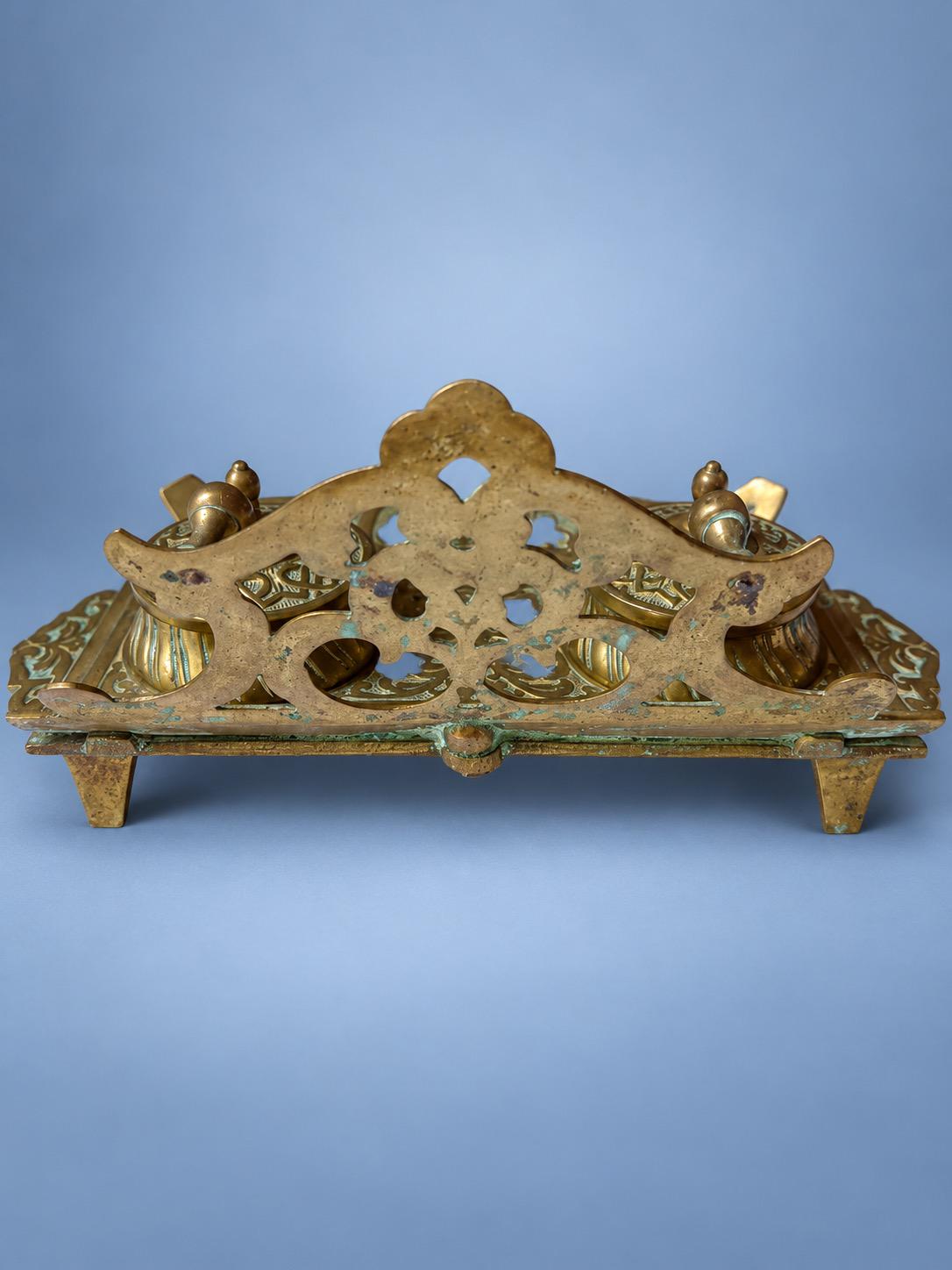 Antique Renaissance Revival Style Double Inkwell Desk Stand in Brass-Tone Metal with Pen Tray