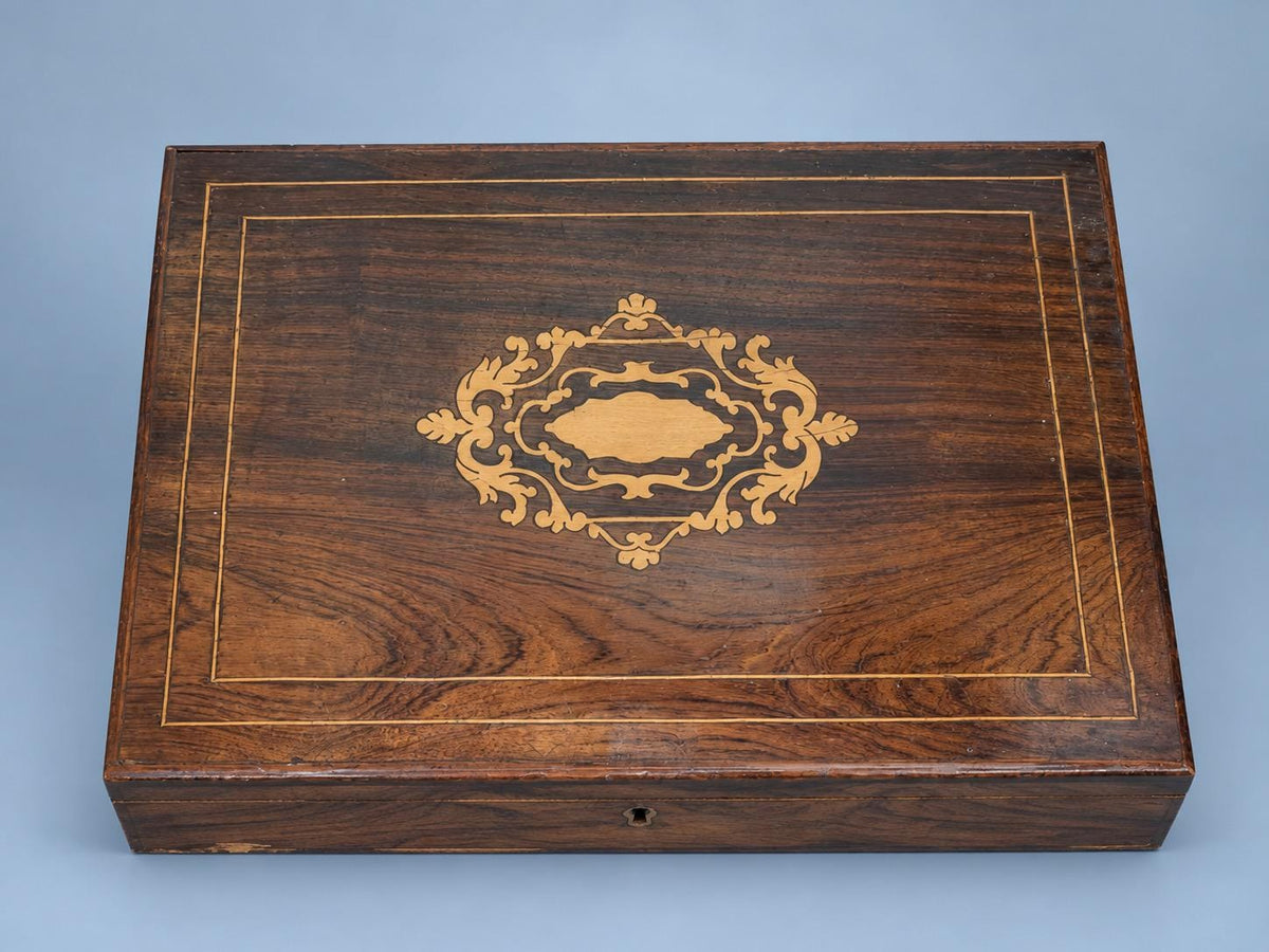 Antique Napoleon III Style Wood Marquetry Jewelry and Letter Box with Brass-Tone Borders