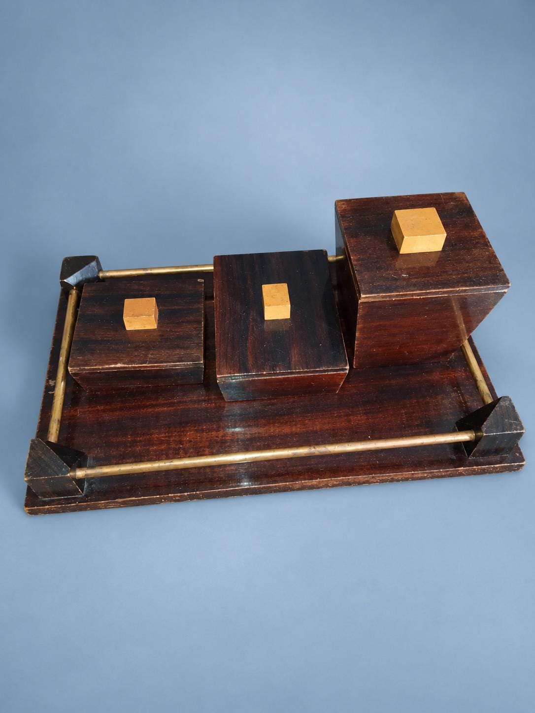 Vintage Art Deco Style Striped Wood Veneer Smoking Tray with Three Lidded Boxes and Brass-Tone Rails