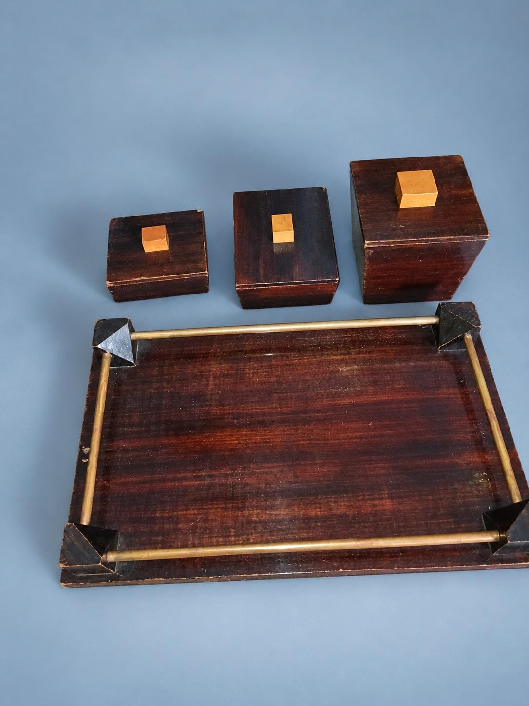 Vintage Art Deco Style Striped Wood Veneer Smoking Tray with Three Lidded Boxes and Brass-Tone Rails