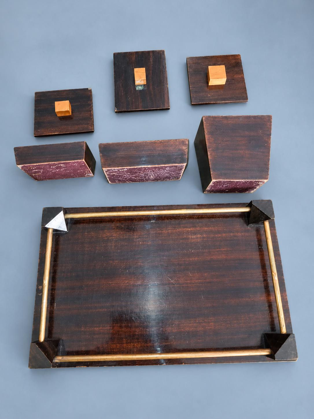 Vintage Art Deco Style Striped Wood Veneer Smoking Tray with Three Lidded Boxes and Brass-Tone Rails