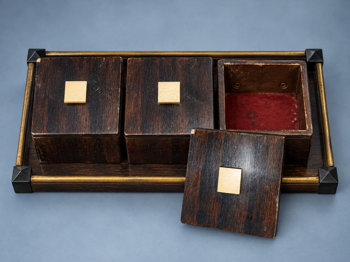 Vintage Art Deco Style Striped Wood Veneer Smoking Tray with Three Lidded Boxes and Brass-Tone Rails