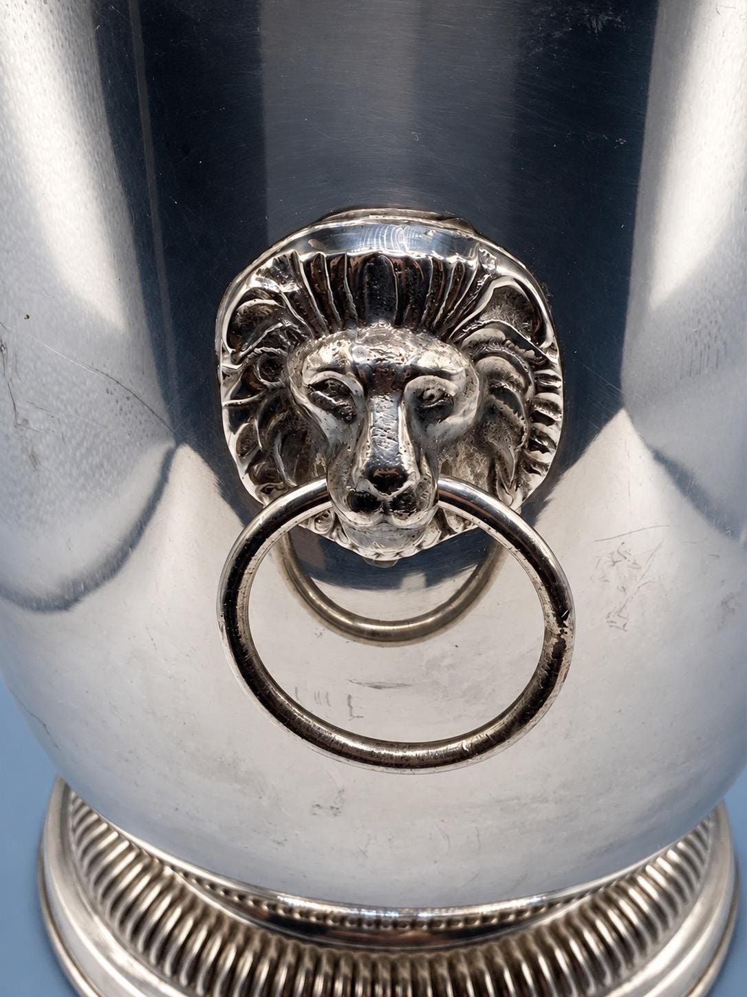 Vintage Silver-Tone Champagne Bucket with Lion Mask Ring Handles and Fluted Pedestal Base, Regency Style