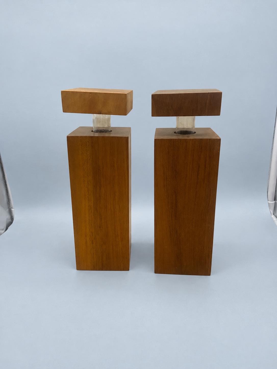 Vintage Pair of Wooden-Bodied Decanters with Glass Pouring Necks and Square Stoppers, Minimalist Barware, Lausanne Inscription, 27 cm
