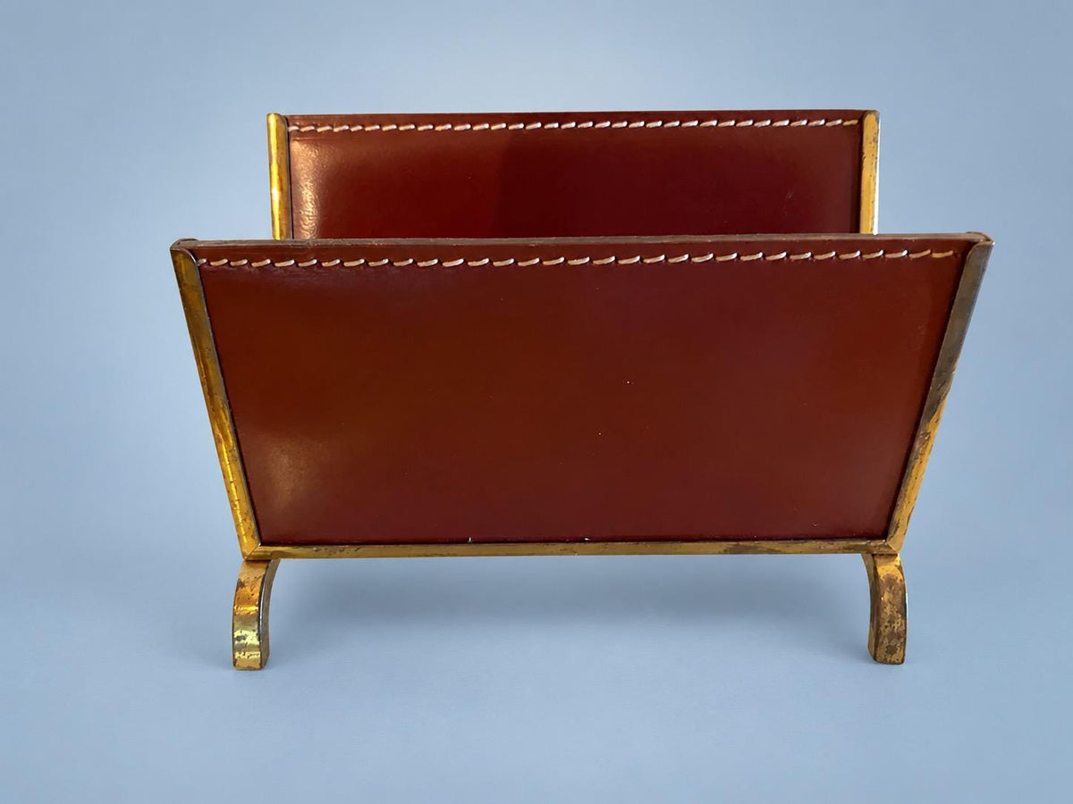 Vintage Burgundy Leather and Gold-Tone Metal Letter Rack, Directoire Style Outswept Corner Feet