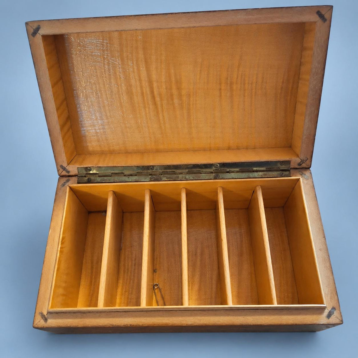 Vintage Wooden Box with Figured Wood Interior, Brass Piano Hinge and Removable Dividers