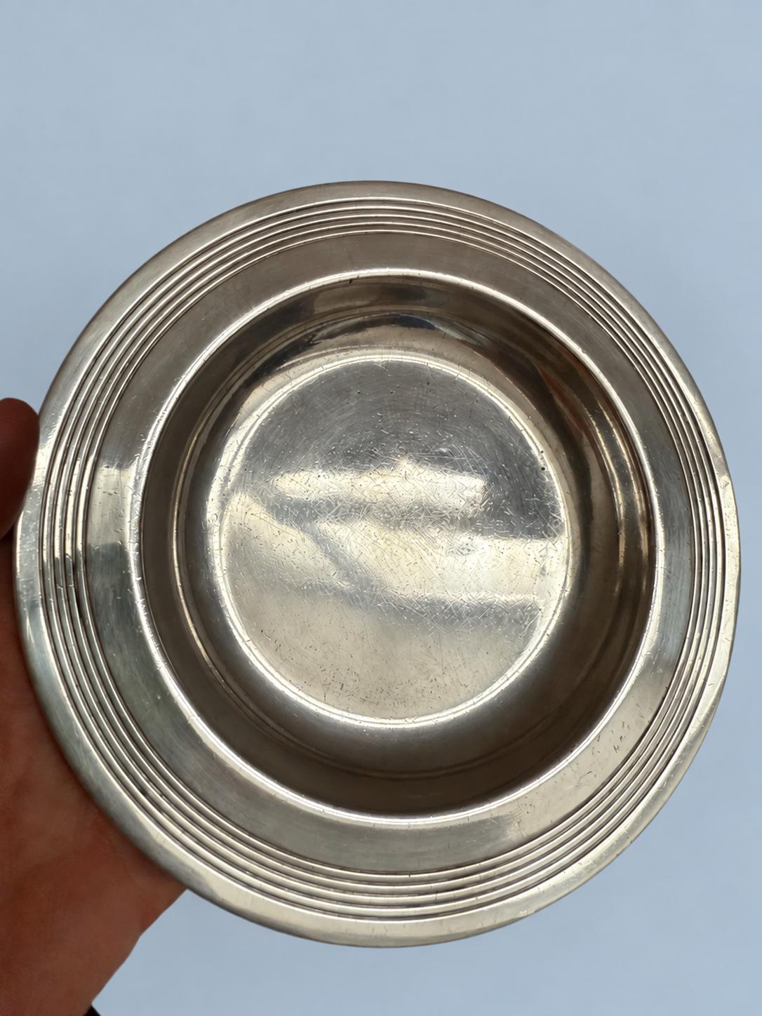 Vintage French Art Deco Style Round Dish, c. 1910–1930, Silver-Tone Metal with Stepped Concentric Rim, Trinket, Soap or Bottle Dish
