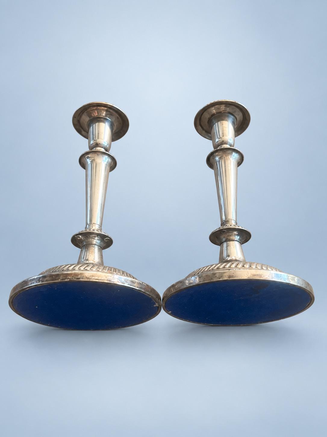 Vintage Pair of Georgian Style Silver-Tone Candlesticks with Gadrooned Borders and Tapering Stems
